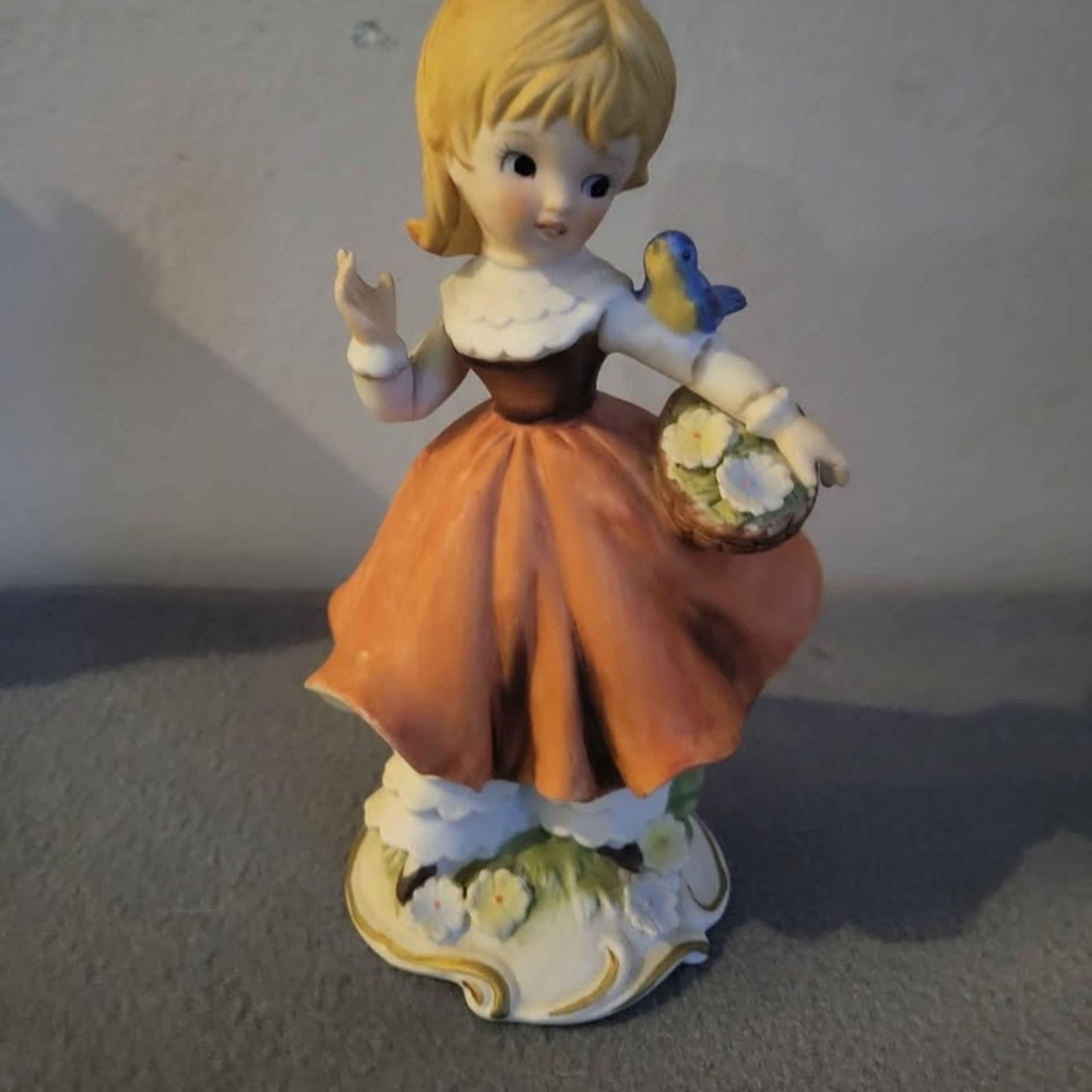 Charming Girl Figurine with Bluebird - Orange and Blue